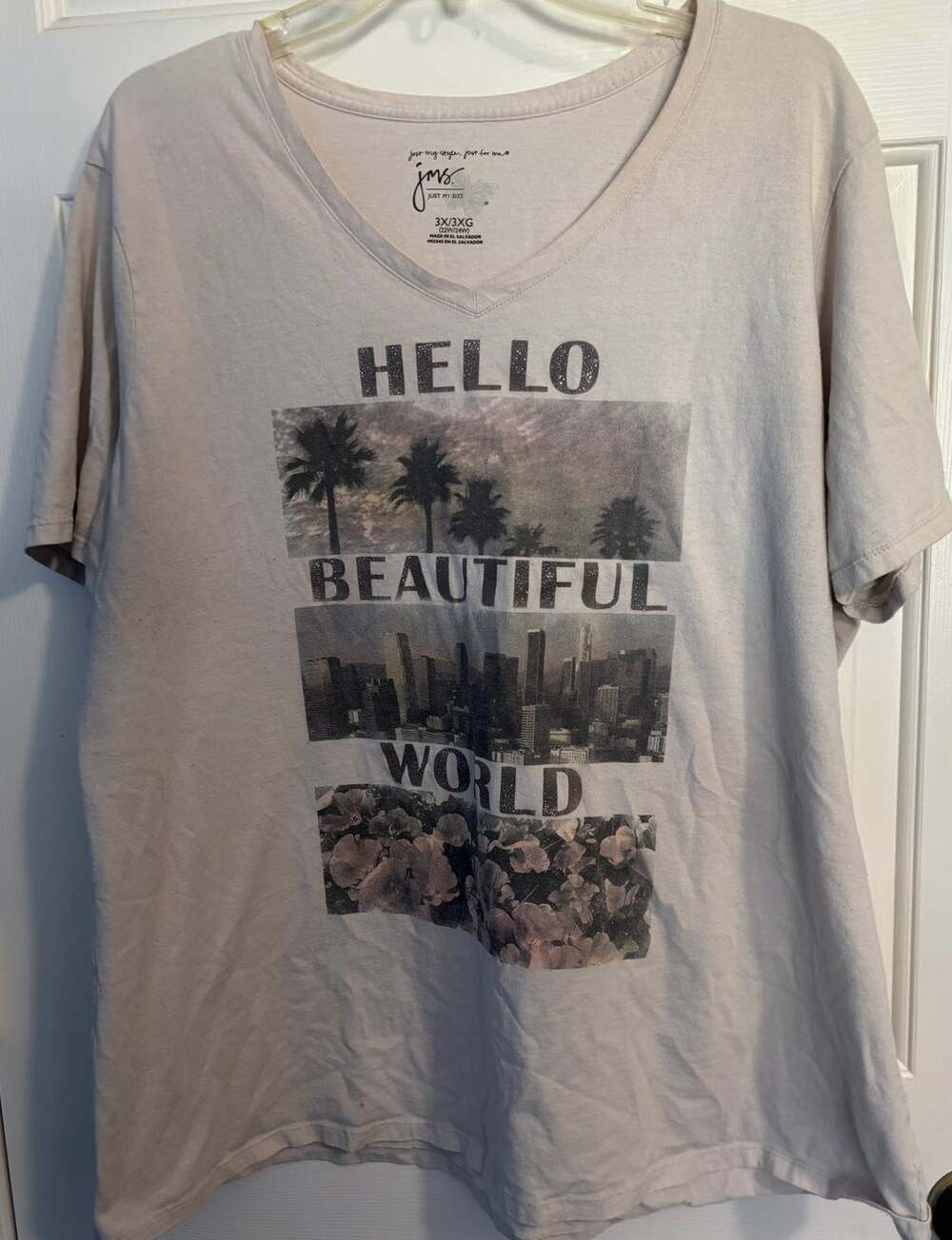 Just My Size Shirt Womens 3X Gray Palm Trees City Graphic Hello Beautiful World